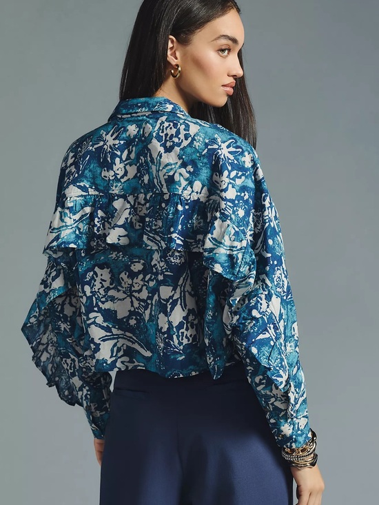 Pilcro Tops - Pilcro Sidney Batwing Ruffle Back Button Up Blouse in Blue / White Abstract - L